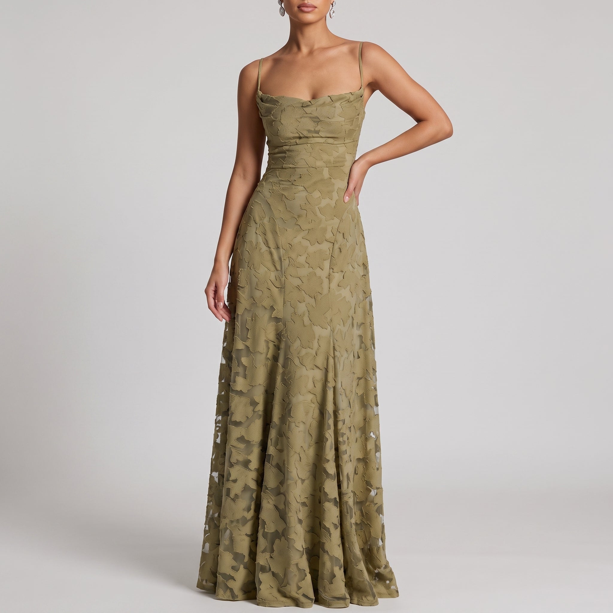Charlotte - Women's Wedding Guest Spaghetti Strap Maxi Dress - Maxi Dress - Olive Green - Davies & Cooper