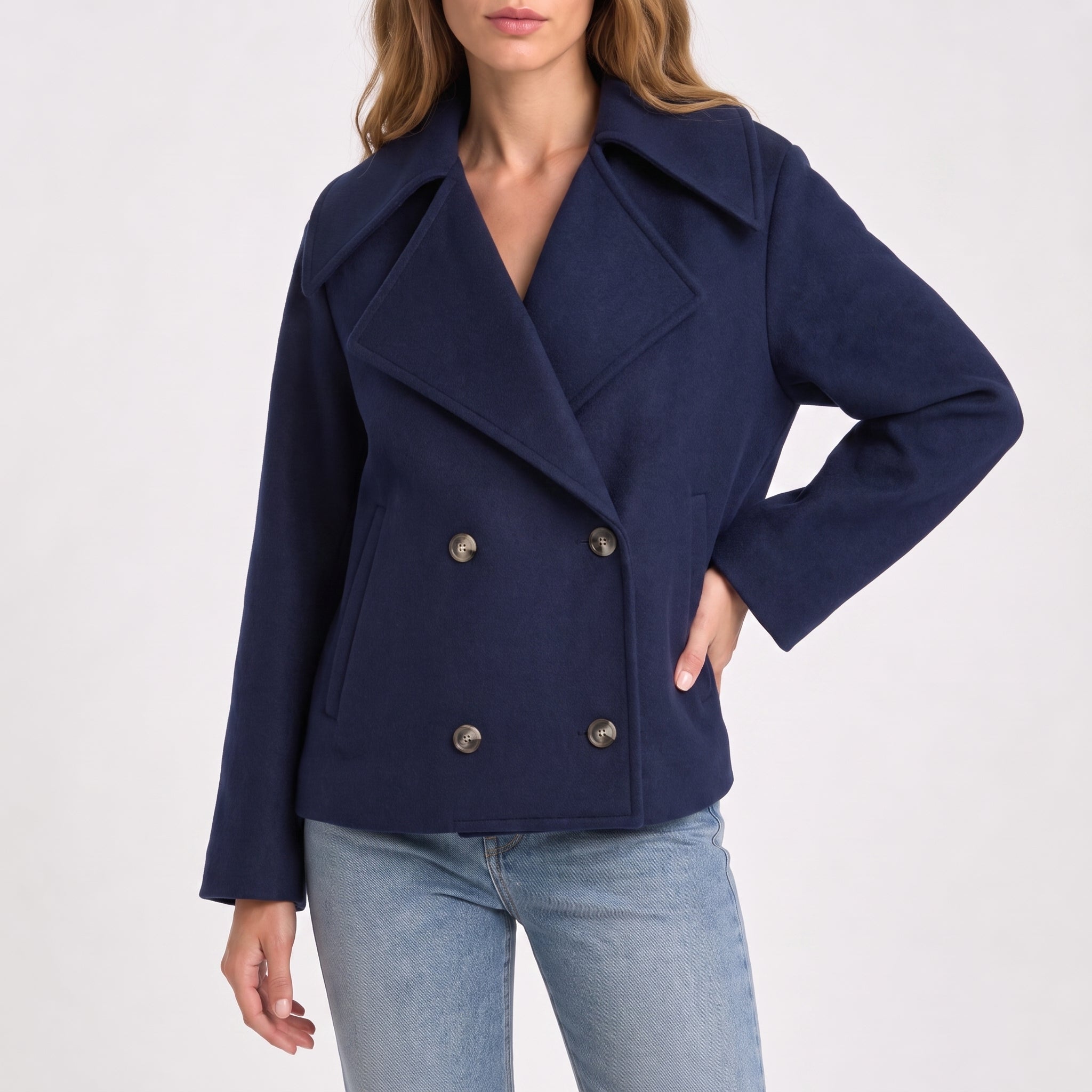 Charlotte - Women's Wide Lapel Cropped Double-Breasted Jacket - Pea Coats - Navy Blue - Davies & Cooper