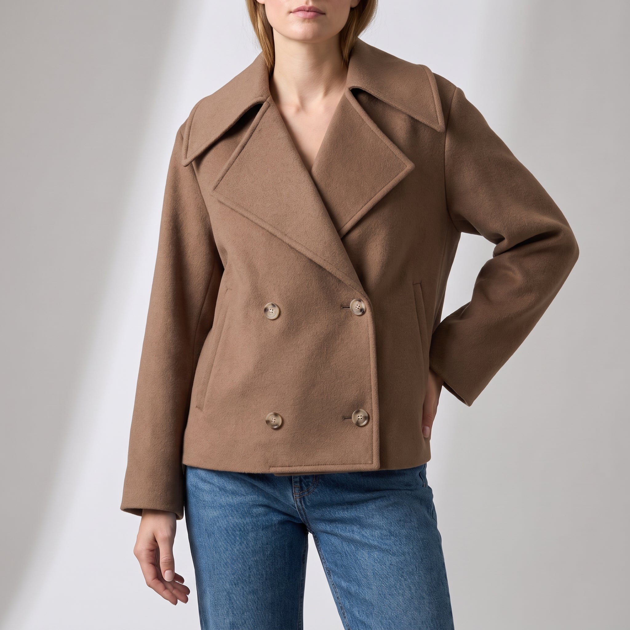 Charlotte - Women's Wide Lapel Cropped Double-Breasted Jacket - Pea Coats - Brown - Davies & Cooper