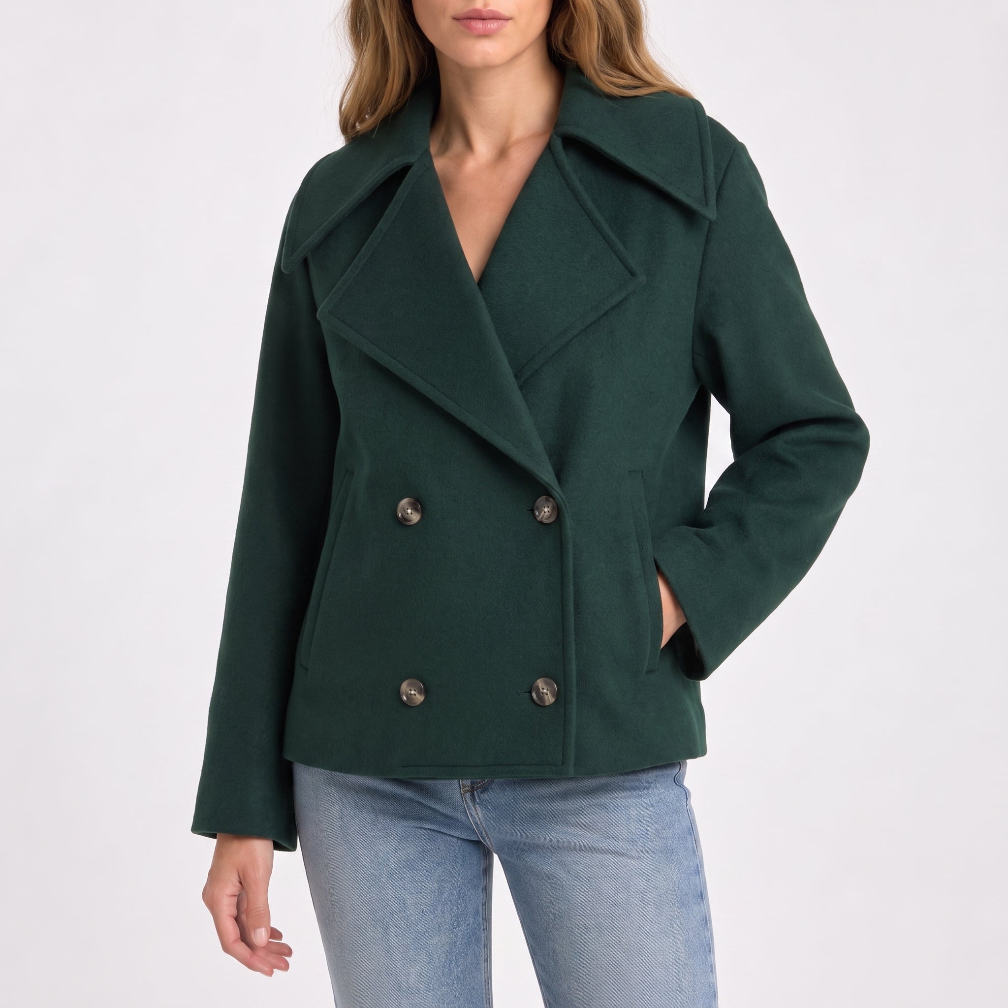 Charlotte - Women's Wide Lapel Cropped Double-Breasted Jacket - Pea Coats - Green - Davies & Cooper