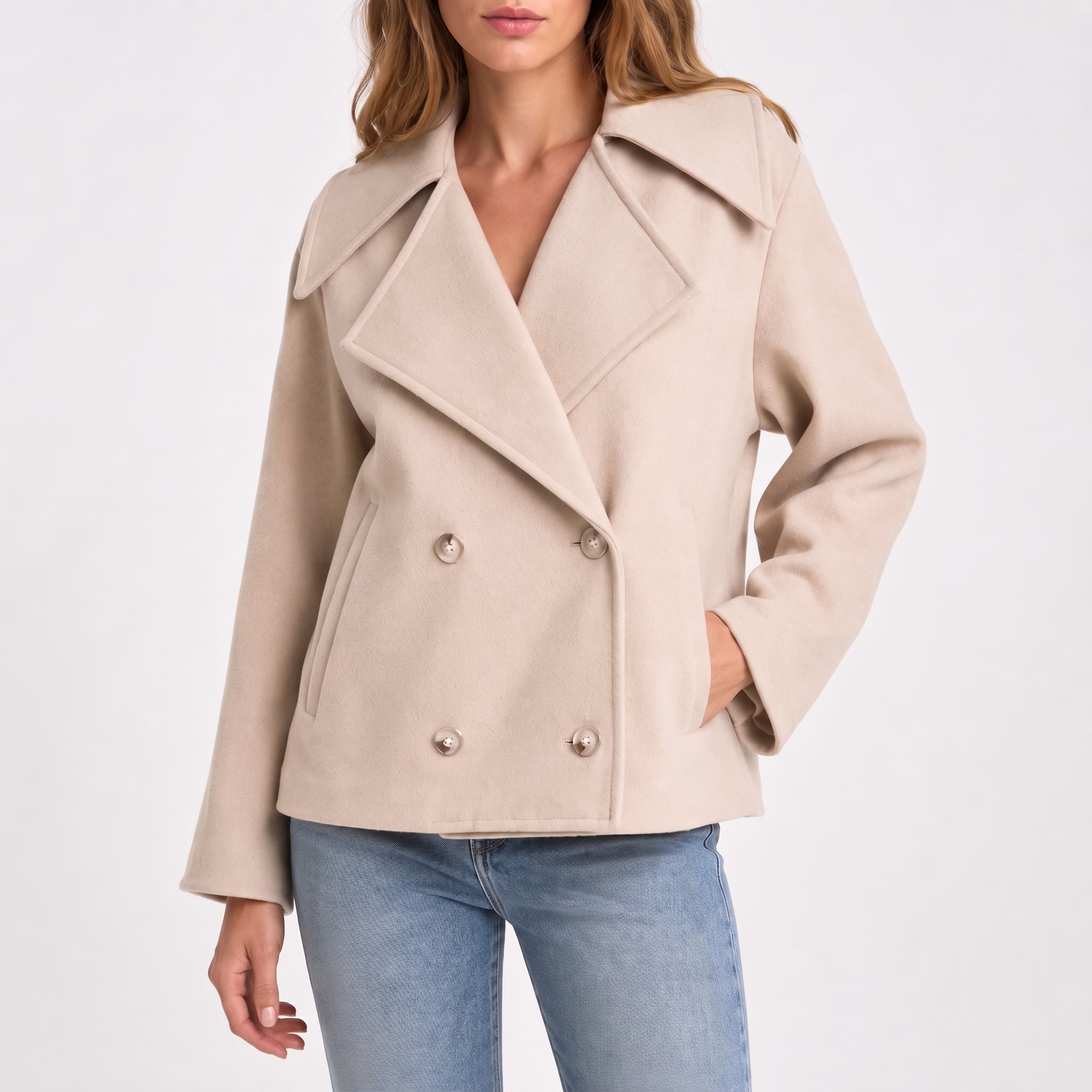 Charlotte - Women's Wide Lapel Cropped Double-Breasted Jacket - Pea Coats - Beige - Davies & Cooper