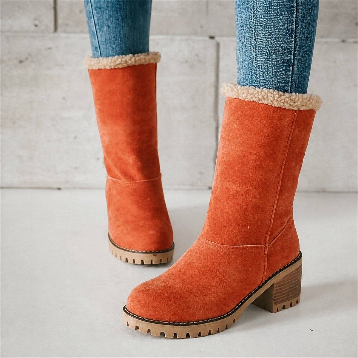 Chloe - Women's Block Heel Ankle Boots with Faux Fur Trim - Boots - Orange - Davies & Cooper