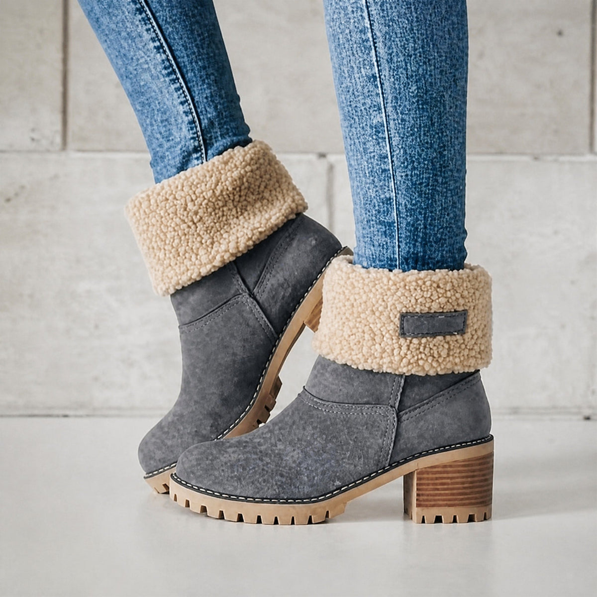 Chloe - Women's Block Heel Ankle Boots with Faux Fur Trim - Boots - Grey - Davies & Cooper