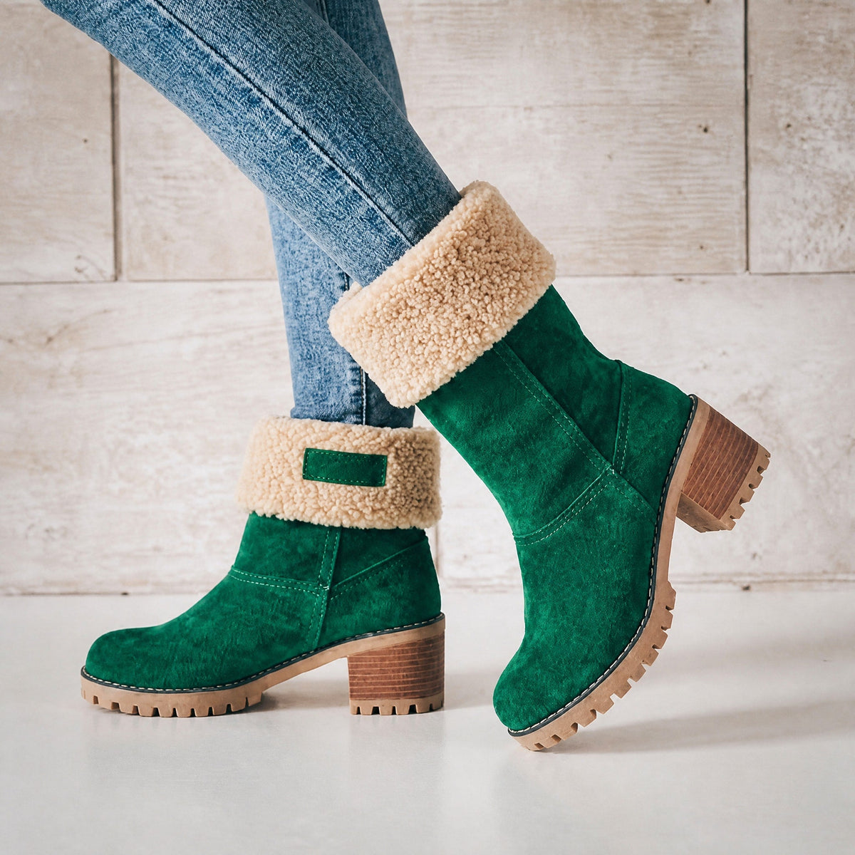 Chloe - Women's Block Heel Ankle Boots with Faux Fur Trim - Boots - Green - Davies & Cooper