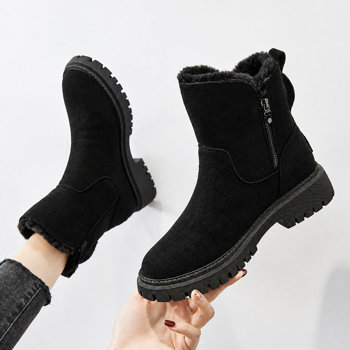 Chloe - Women's Cosy Winter Ankle Boots with Chunky Sole and Zip Closure - Boots - Black - Davies & Cooper