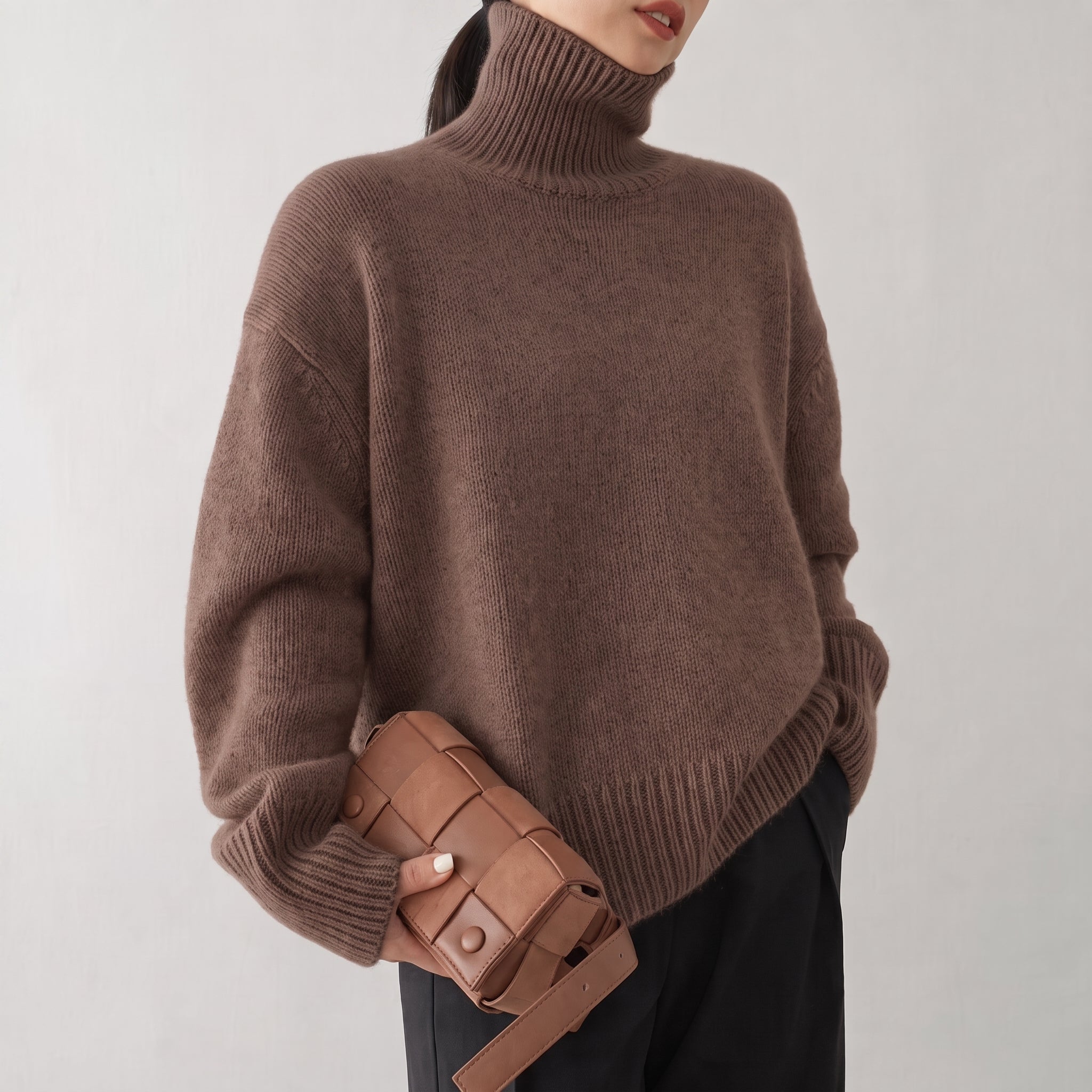 Chloe - Women's Oversized Turtleneck Knit Jumper with Ribbed Cuffs - Sweaters - Brown - Davies & Cooper