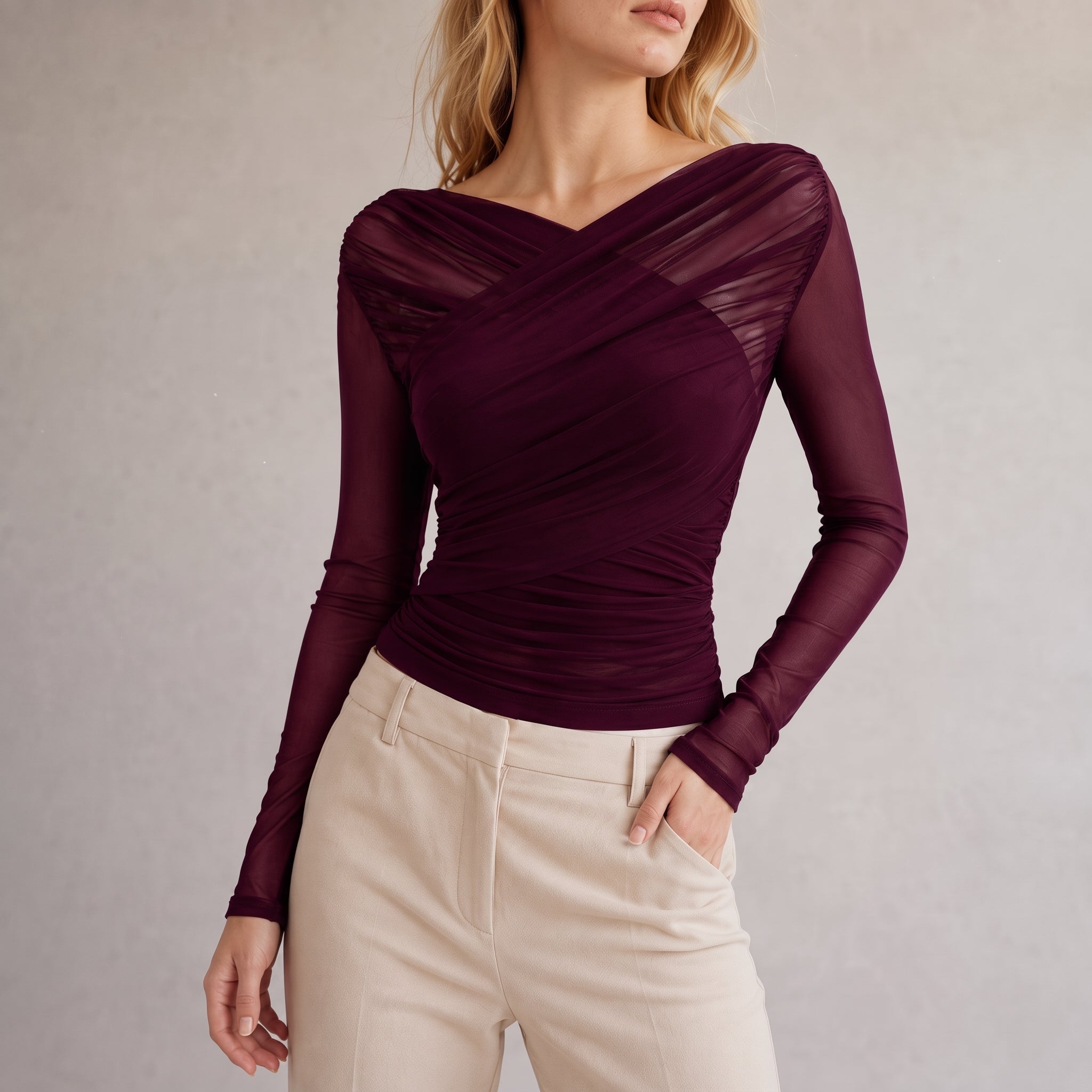 Chloe - Women's Ruched Wrap Long Sleeve Crop Top - Blouses - Burgundy - Davies & Cooper