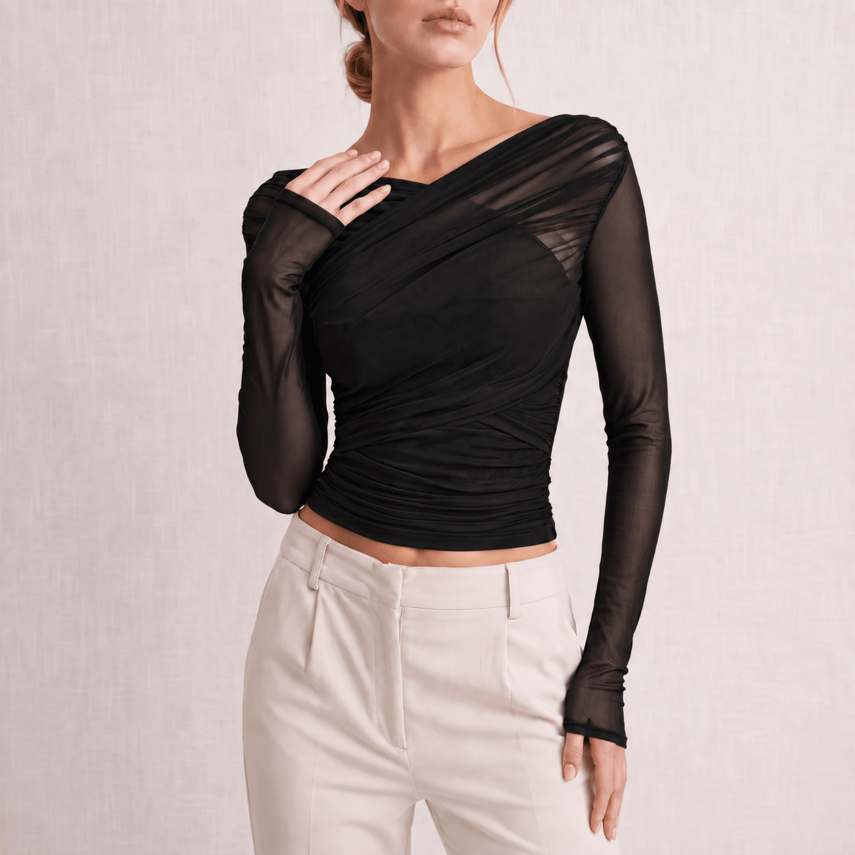 Chloe - Women's Ruched Wrap Long Sleeve Crop Top - Blouses - Black - Davies & Cooper