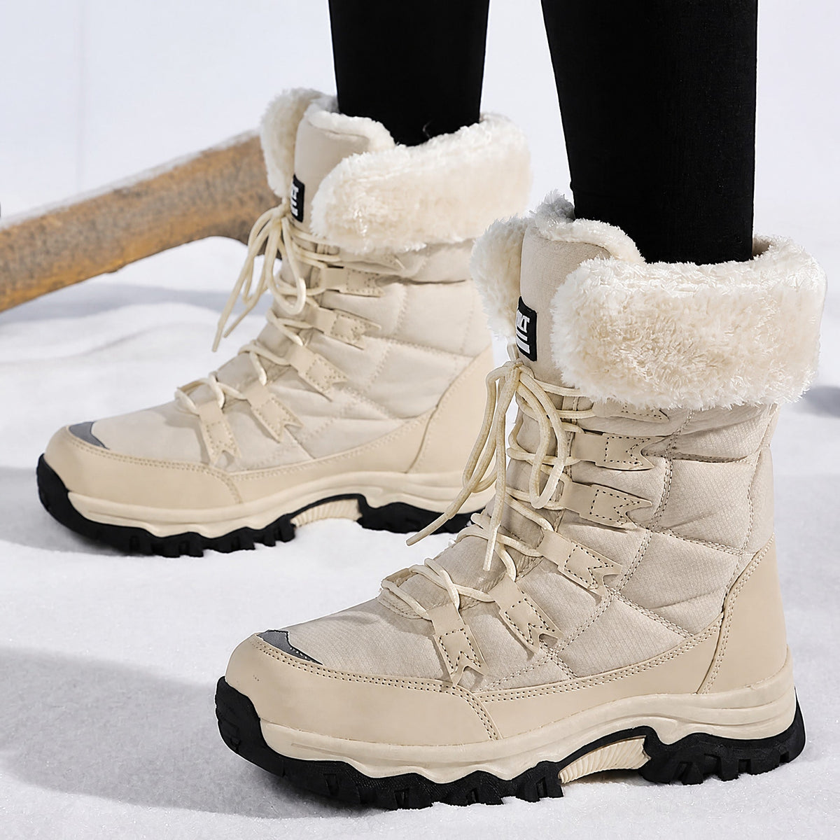Chloe - Women's Waterproof Faux Fur Trim Chunky Sole Snow Boots - Boots - Beige - Davies & Cooper