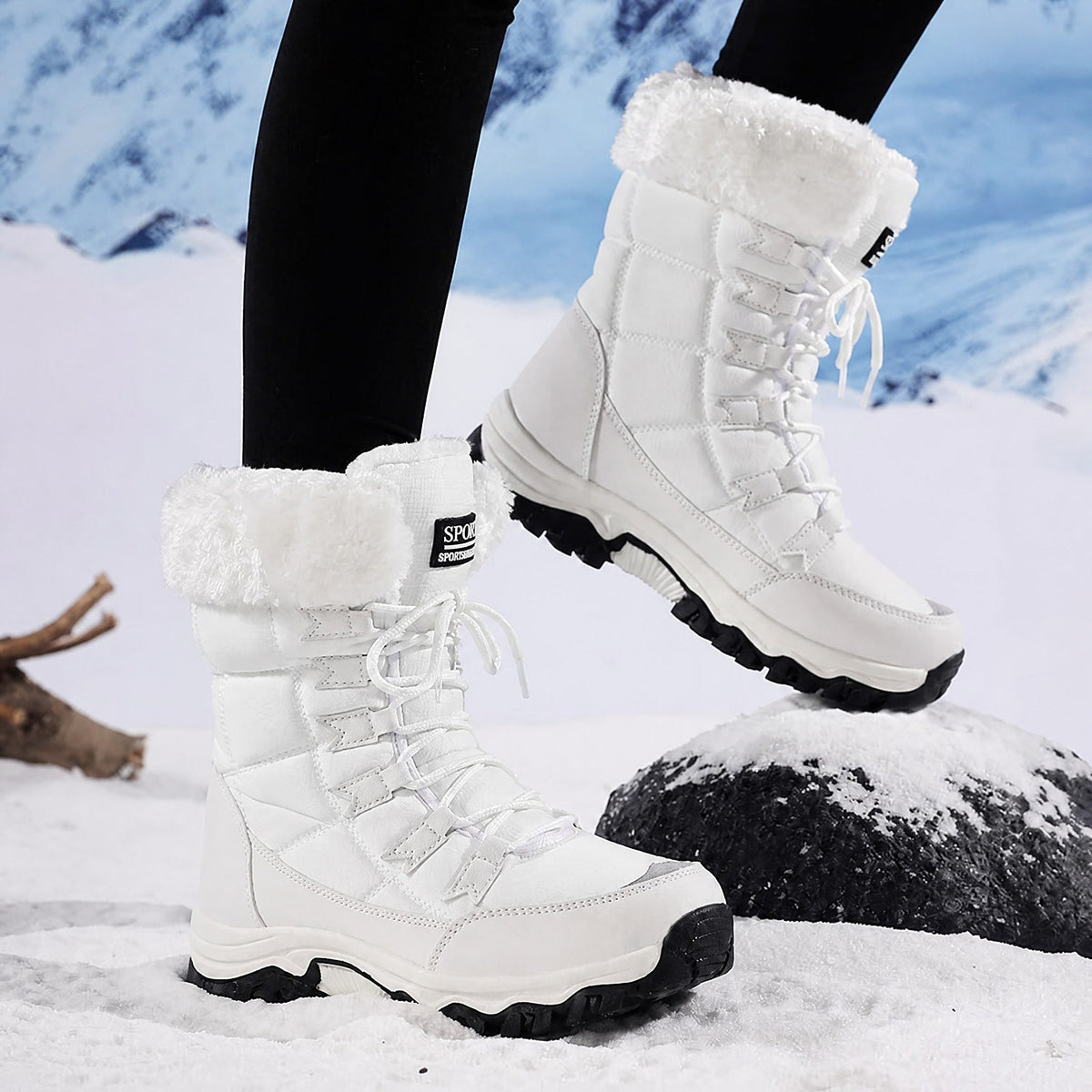 Chloe - Women's Waterproof Faux Fur Trim Chunky Sole Snow Boots - Boots - Black - Davies & Cooper
