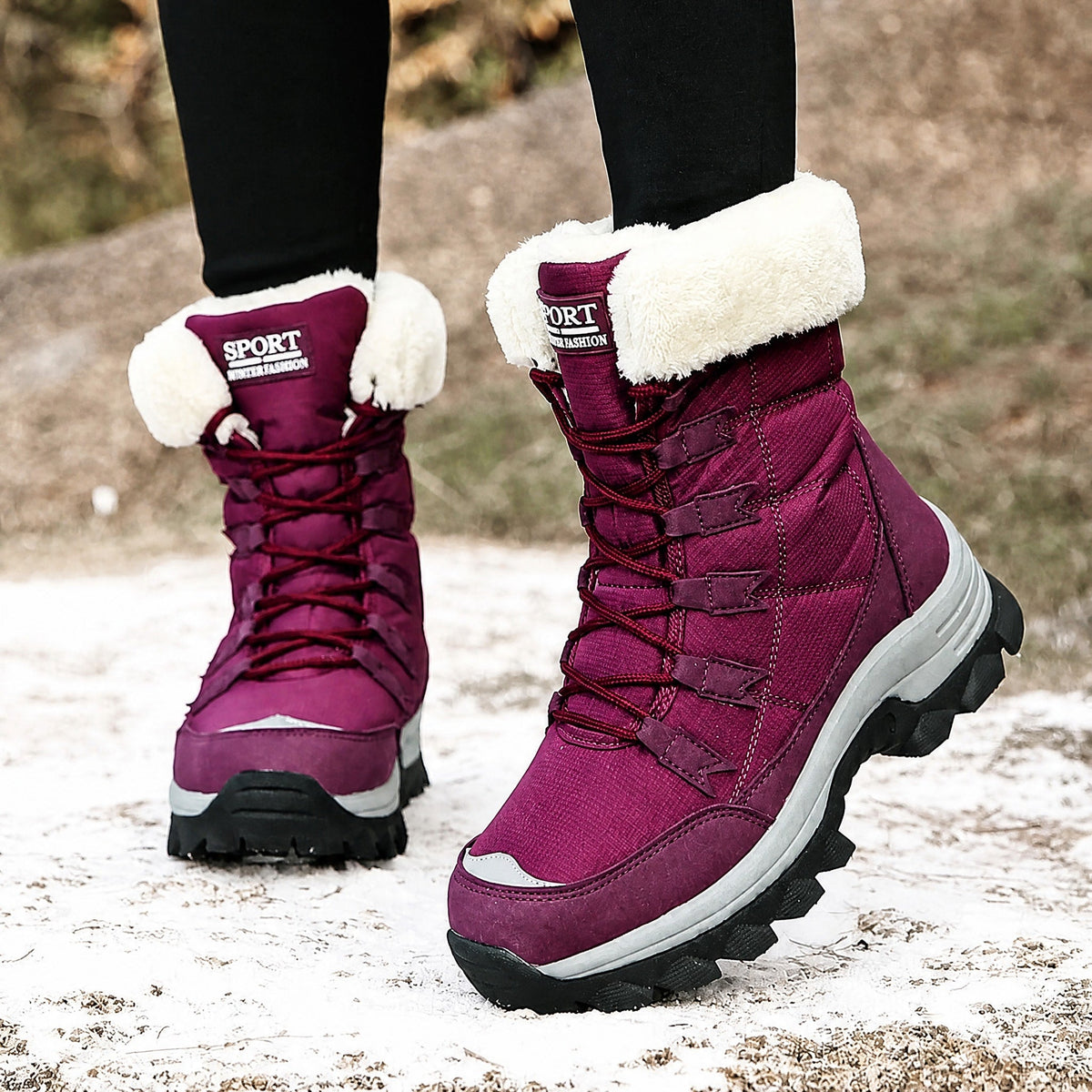 Chloe - Women's Waterproof Faux Fur Trim Chunky Sole Snow Boots - Boots - Purple - Davies & Cooper