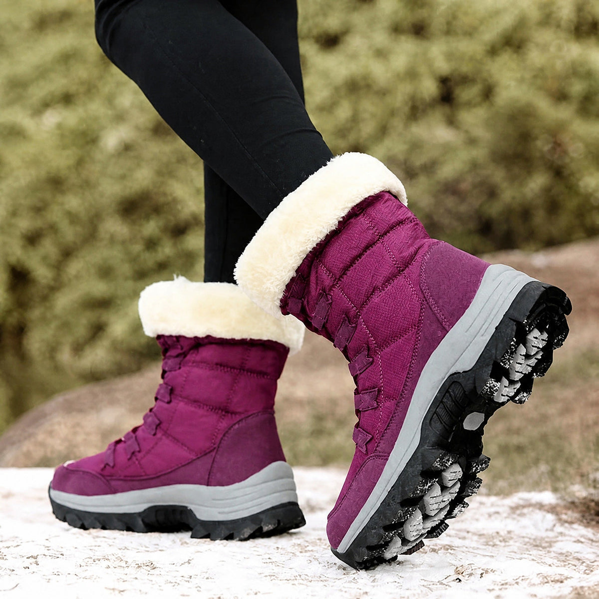Chloe - Women's Waterproof Faux Fur Trim Chunky Sole Snow Boots - Boots - Purple - Davies & Cooper