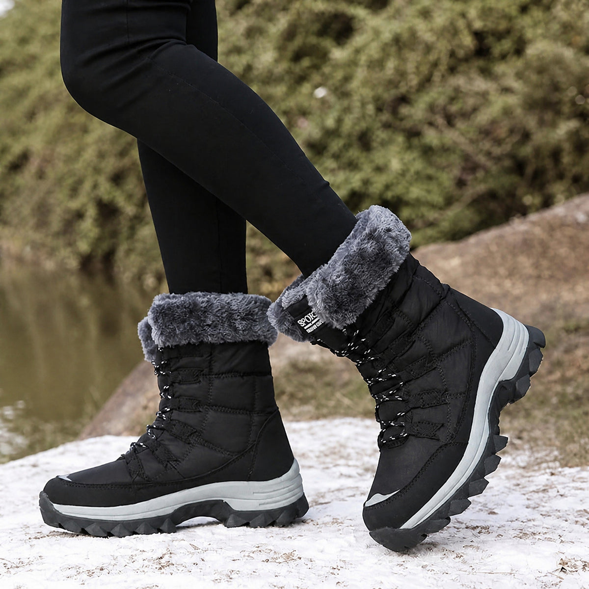 Chloe - Women's Waterproof Faux Fur Trim Chunky Sole Snow Boots - Boots - Black - Davies & Cooper
