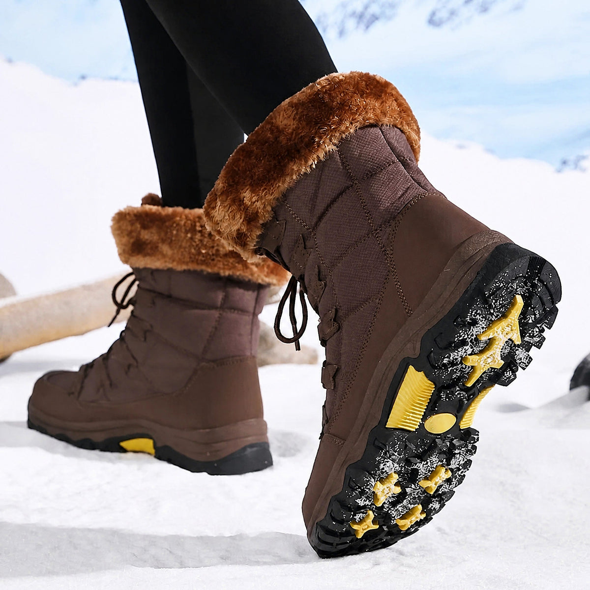 Chloe - Women's Waterproof Faux Fur Trim Chunky Sole Snow Boots - Boots - Brown - Davies & Cooper