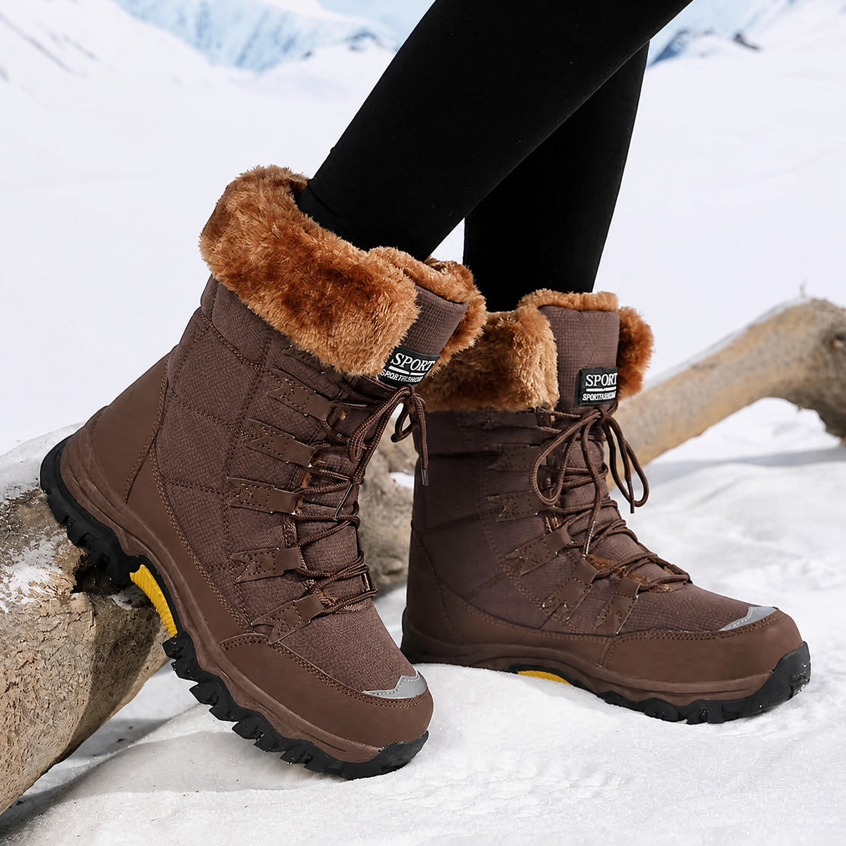 Chloe - Women's Waterproof Faux Fur Trim Chunky Sole Snow Boots - Boots - Brown - Davies & Cooper