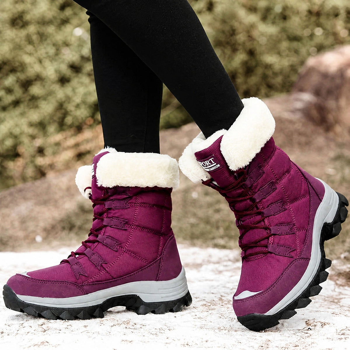 Chloe - Women's Waterproof Faux Fur Trim Chunky Sole Snow Boots - Boots - Purple - Davies & Cooper