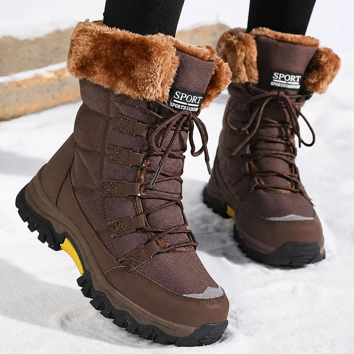Chloe - Women's Waterproof Faux Fur Trim Chunky Sole Snow Boots - Boots - Brown - Davies & Cooper