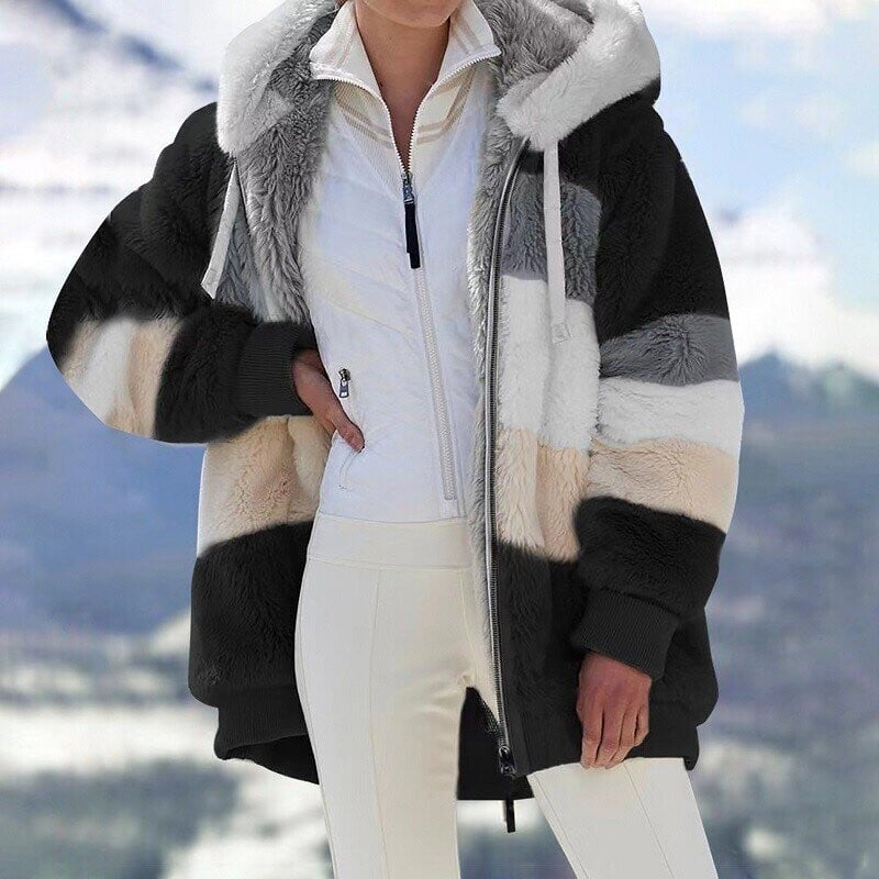 Christa – Oversized Hooded Jacket with Colour Block Design - Coats & Jackets - Black - Davies & Cooper