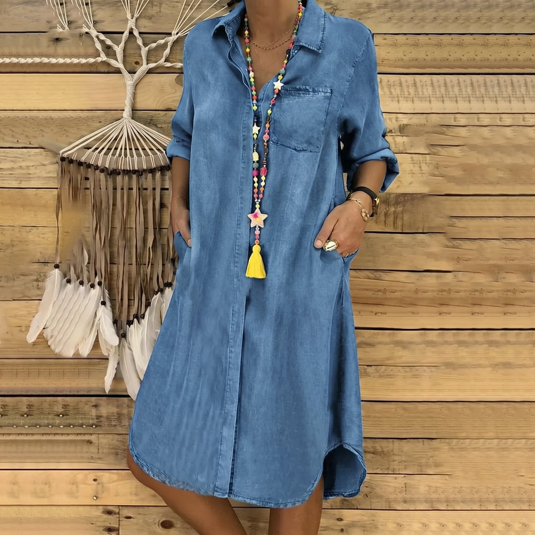 Clara - Women's Casual Denim Button - Down Midi Dress - Mini Dresses - Blue - Davies & Cooper