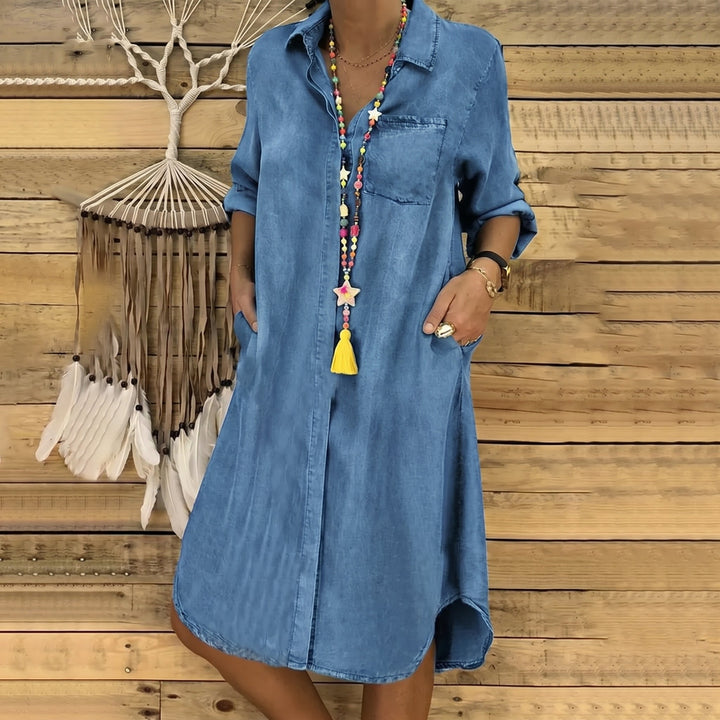 Clara - Women's Casual Denim Button - Down Midi Dress - Mini Dresses - Blue - Davies & Cooper