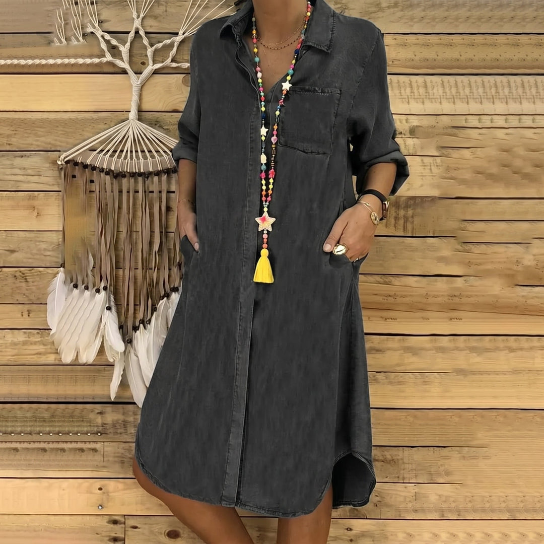 Clara - Women's Casual Denim Button - Down Midi Dress - Mini Dresses - Black - Davies & Cooper