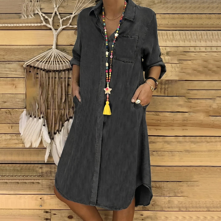 Clara - Women's Casual Denim Button - Down Midi Dress - Mini Dresses - Black - Davies & Cooper
