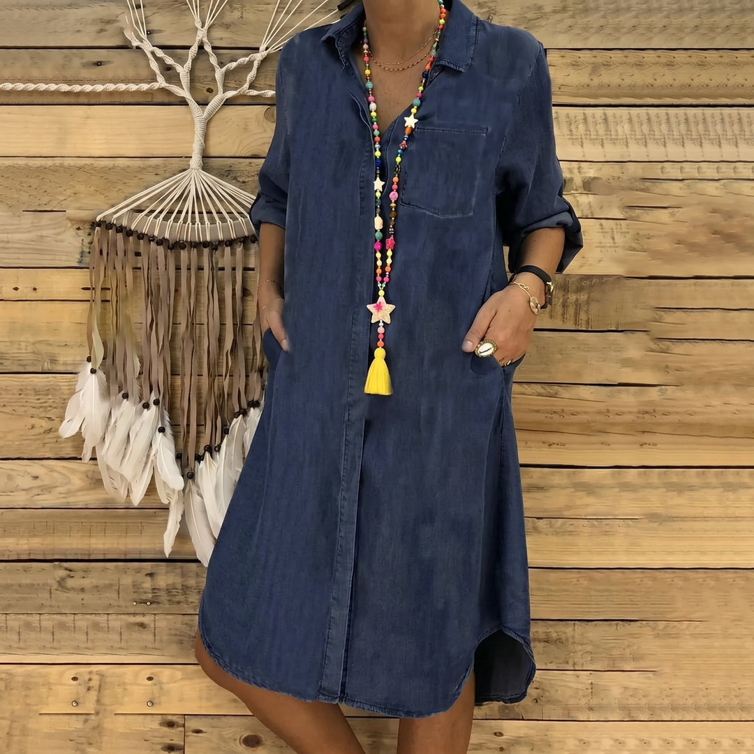 Clara - Women's Casual Denim Button - Down Midi Dress - Mini Dresses - Navy Blue - Davies & Cooper