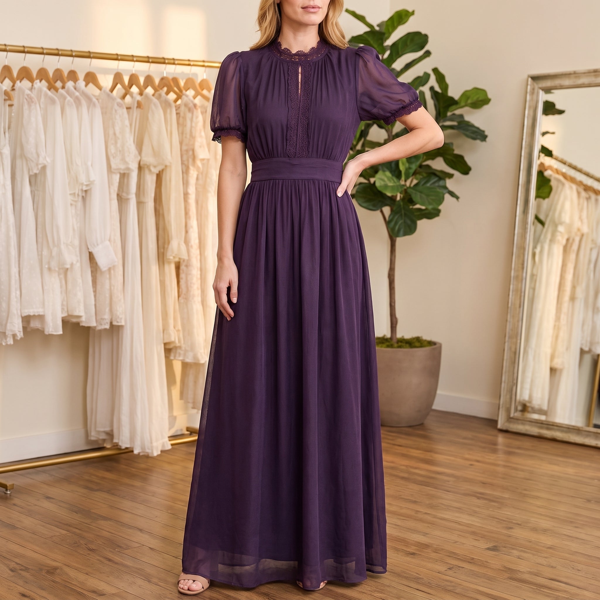 Clara - Women's Evening Lace Trim Puff Sleeve Maxi Dress - Dresses - Violet - Davies & Cooper