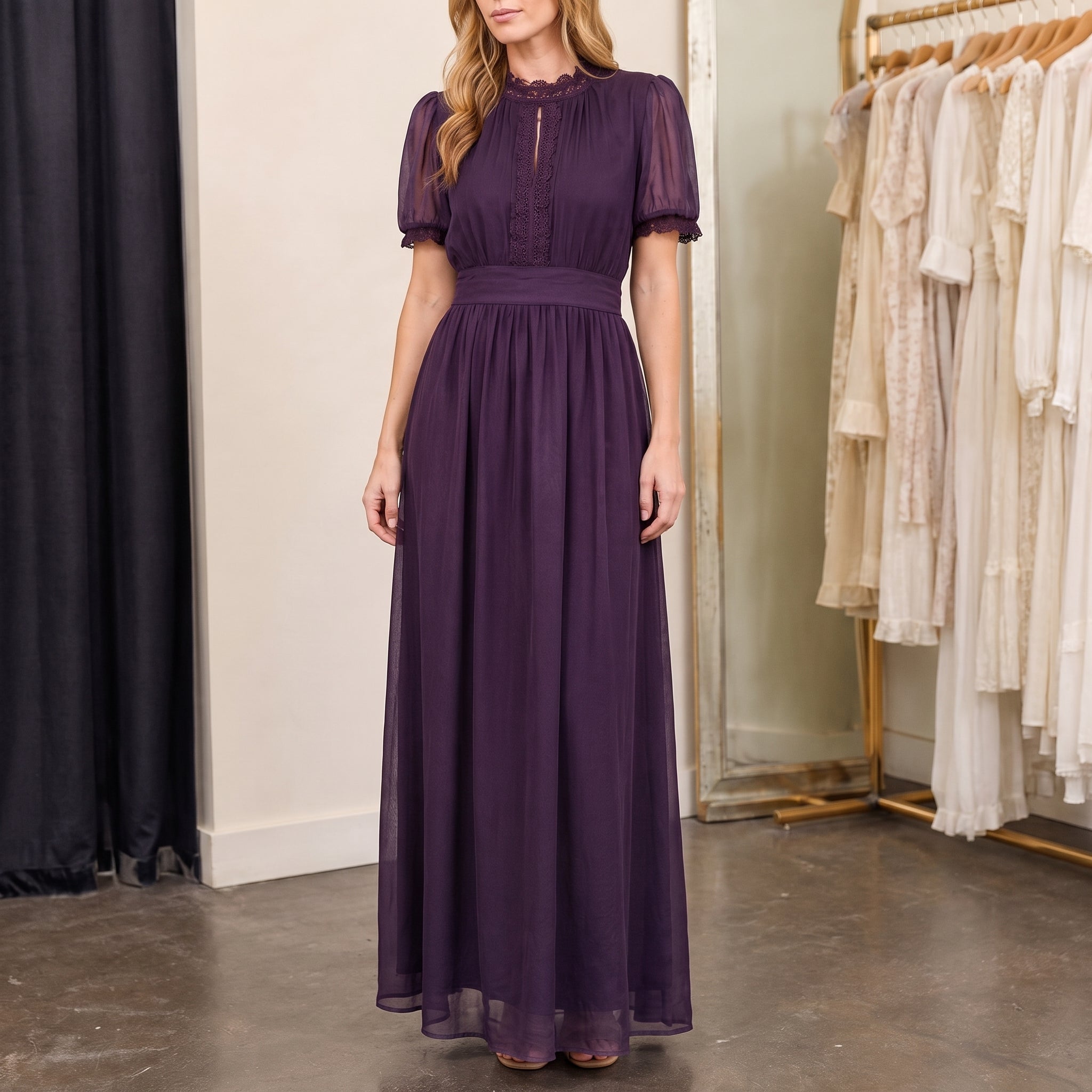 Clara - Women's Evening Lace Trim Puff Sleeve Maxi Dress - Dresses - Violet - Davies & Cooper