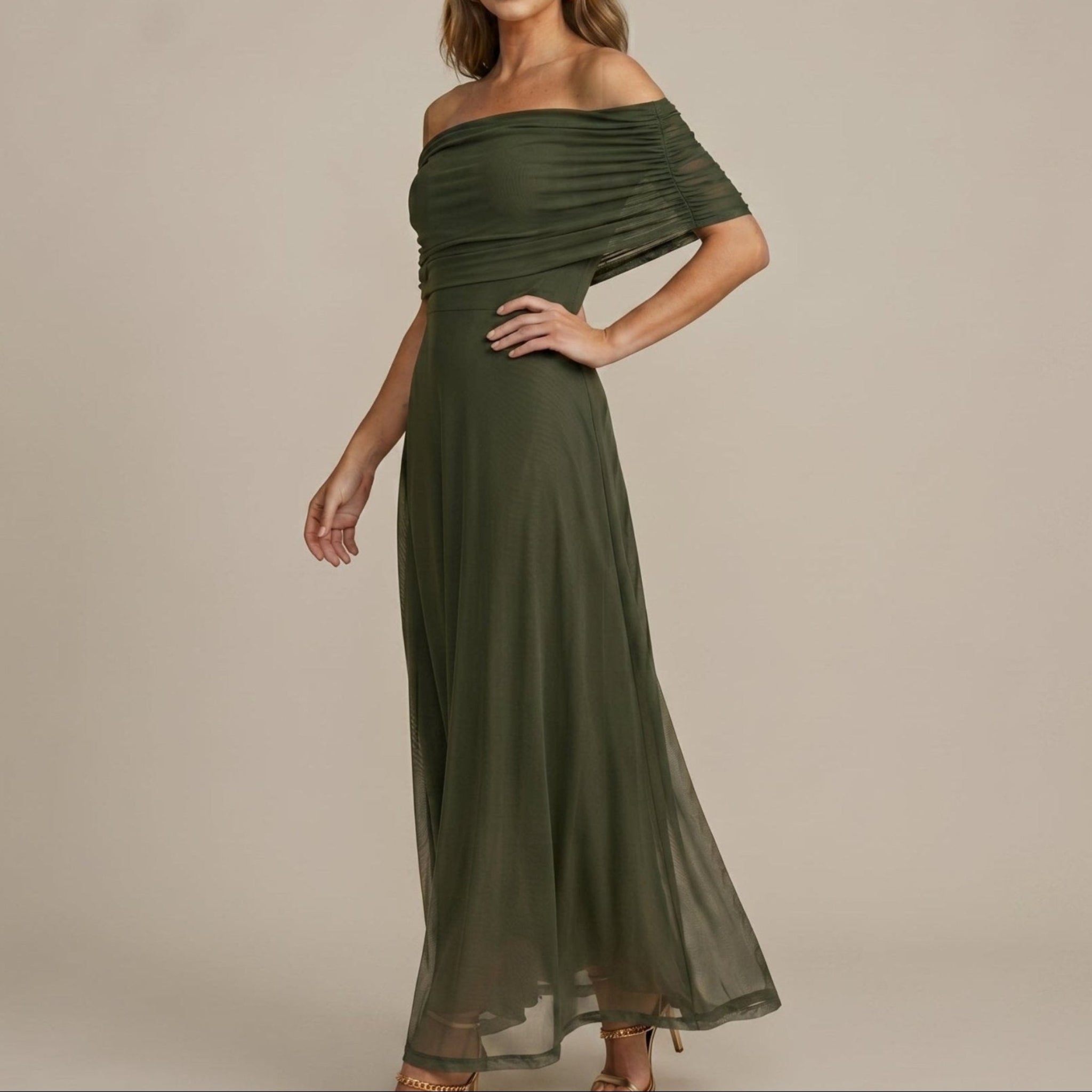 Clara - Women's Evening Off-Shoulder Ruched Wedding Guest Maxi Dress - Dresses - Army Green - Davies & Cooper