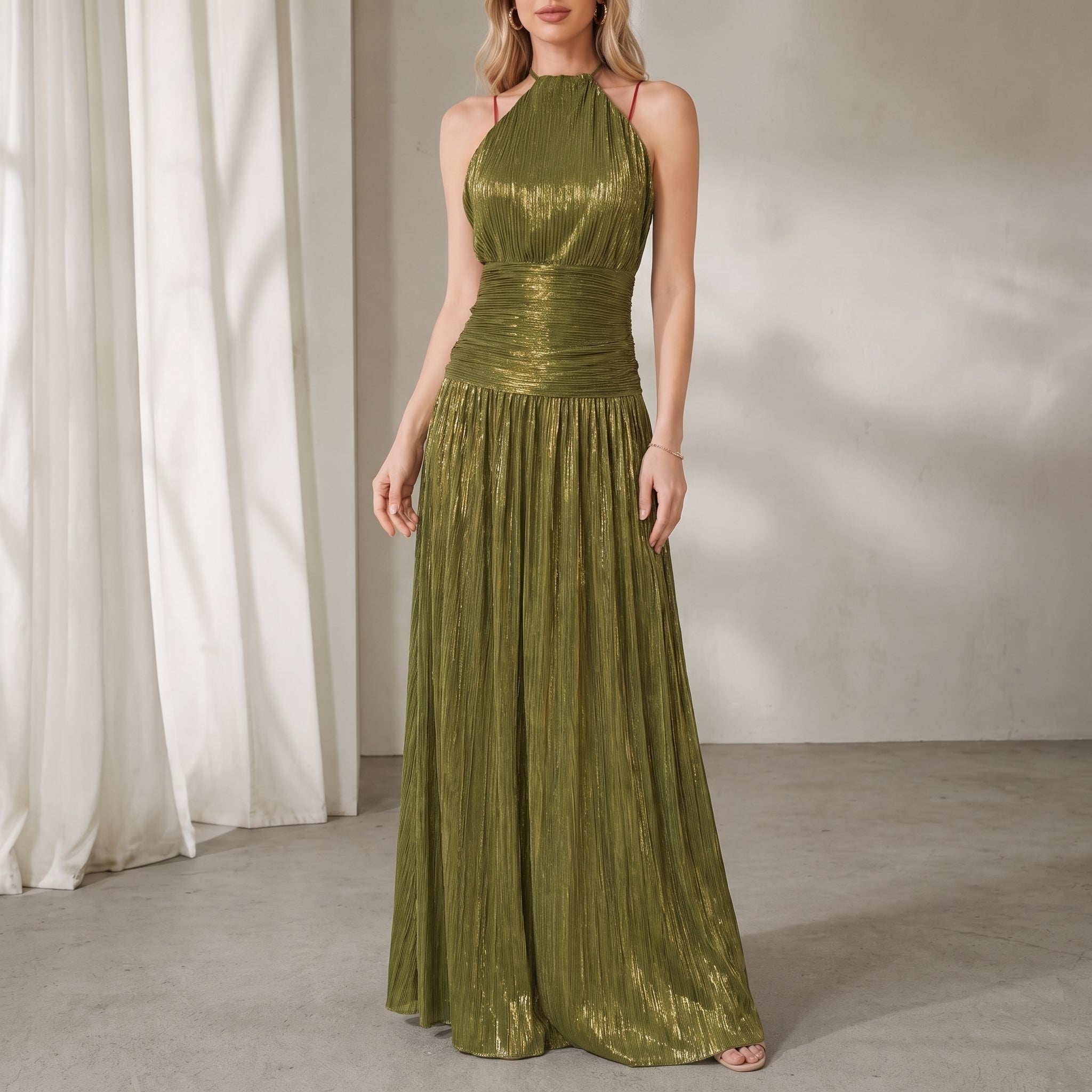 Clara - Women's Evening Pleated Halterneck Metallic Maxi Dress - Dresses - Green - Davies & Cooper