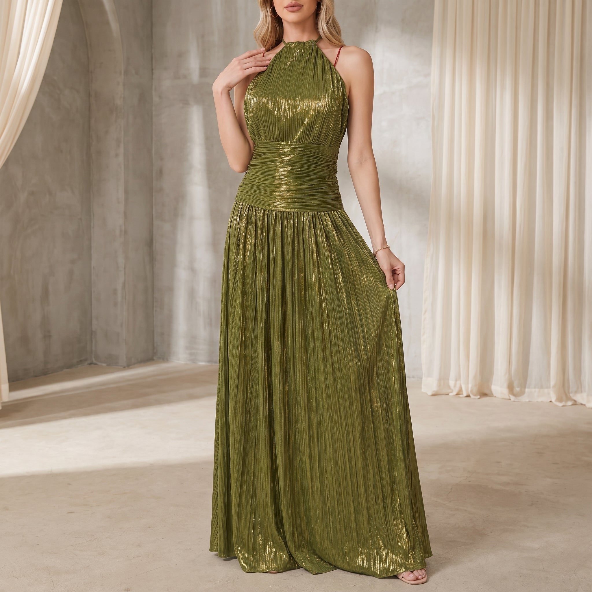 Clara - Women's Evening Pleated Halterneck Metallic Maxi Dress - Dresses - Green - Davies & Cooper