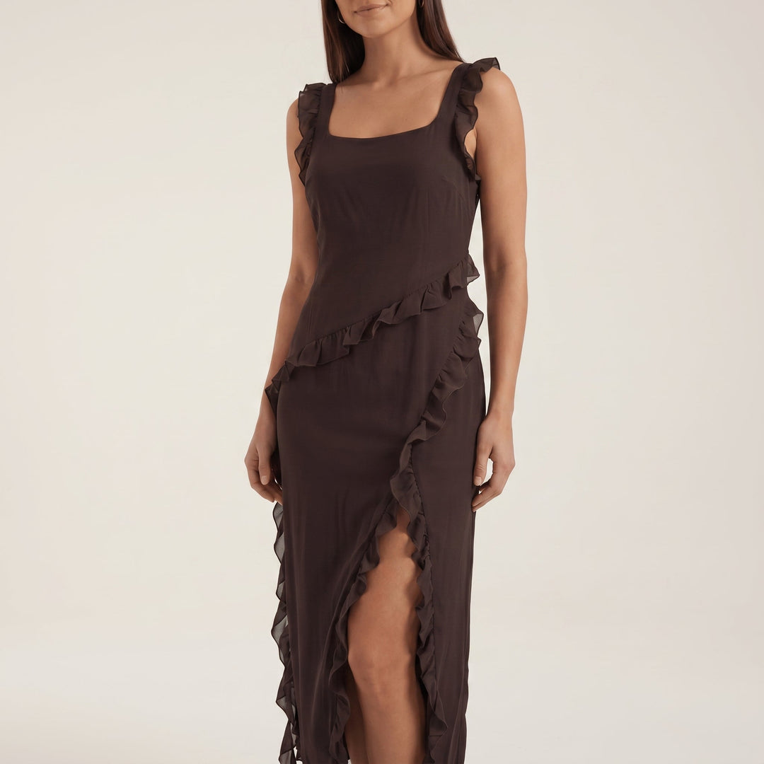 Clara - Women's Evening Ruffle Split Maxi Dress - Maxi Dresses - Brown - Davies & Cooper