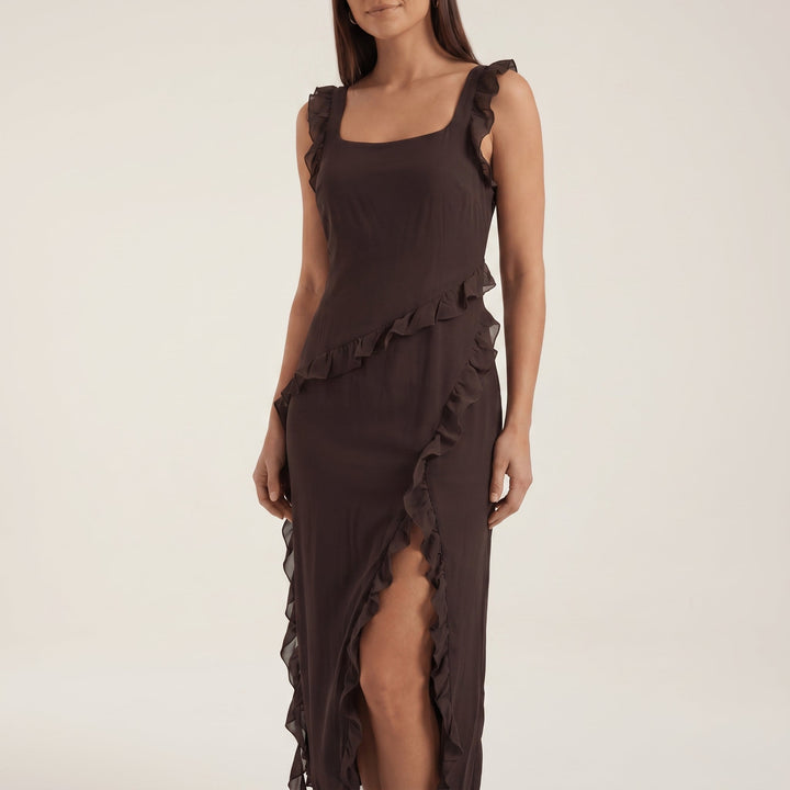 Clara - Women's Evening Ruffle Split Maxi Dress - Maxi Dresses - Brown - Davies & Cooper