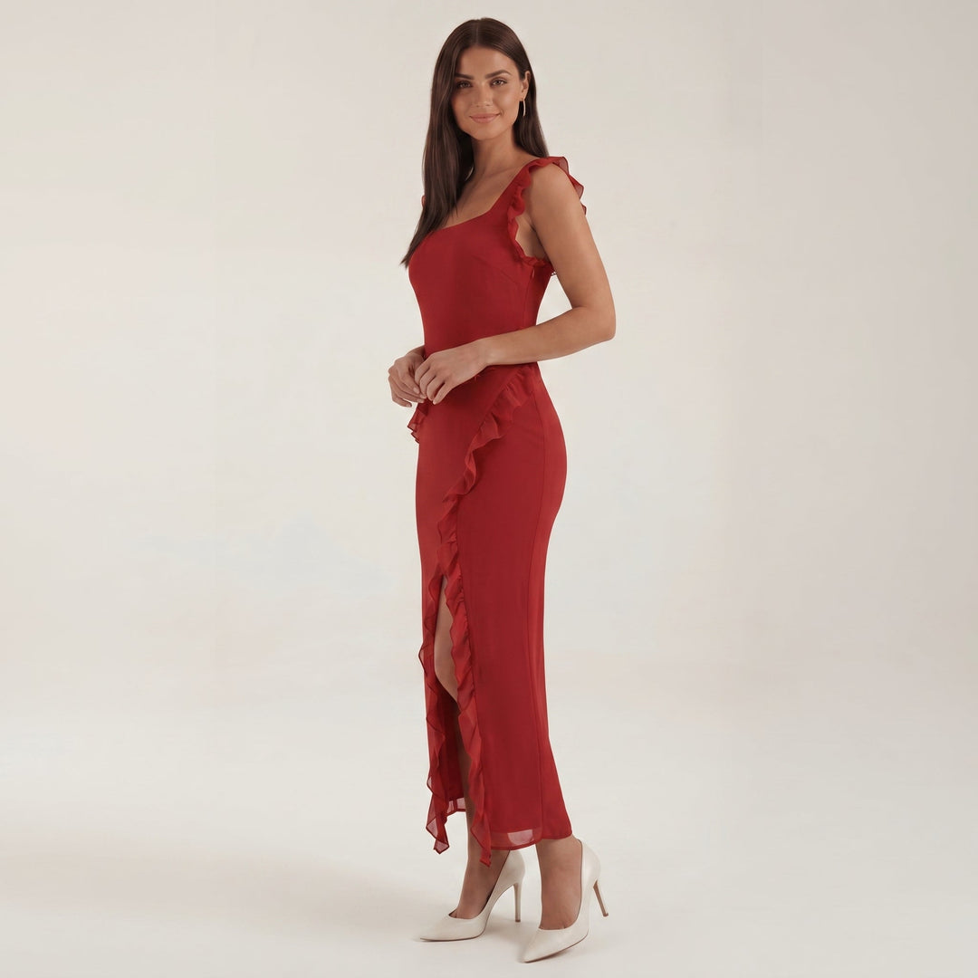 Clara - Women's Evening Ruffle Split Maxi Dress - Maxi Dresses - Red - Davies & Cooper