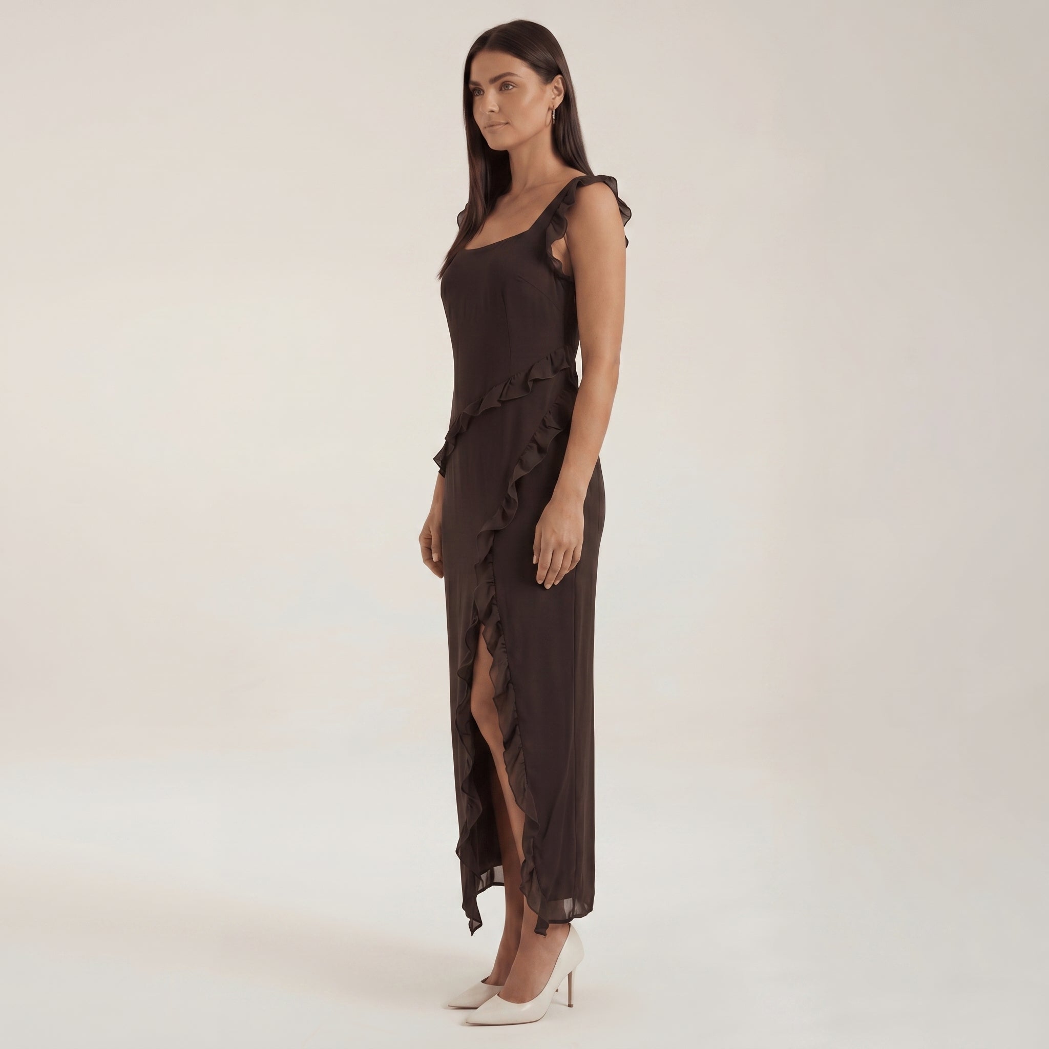 Clara - Women's Evening Ruffle Split Maxi Dress - Maxi Dresses - Brown - Davies & Cooper