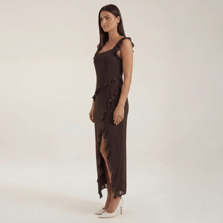 Clara - Women's Evening Ruffle Split Maxi Dress - Maxi Dresses - Brown - Davies & Cooper