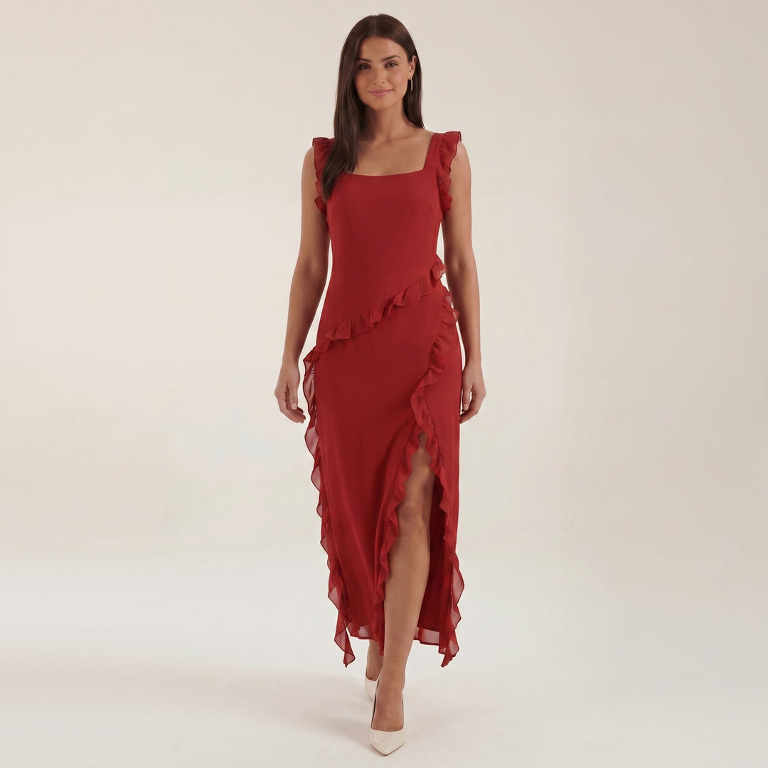 Clara - Women's Evening Ruffle Split Maxi Dress - Maxi Dresses - Red - Davies & Cooper