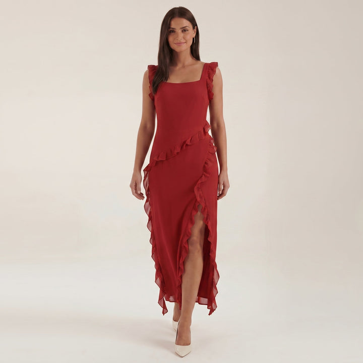 Clara - Women's Evening Ruffle Split Maxi Dress - Maxi Dresses - Red - Davies & Cooper