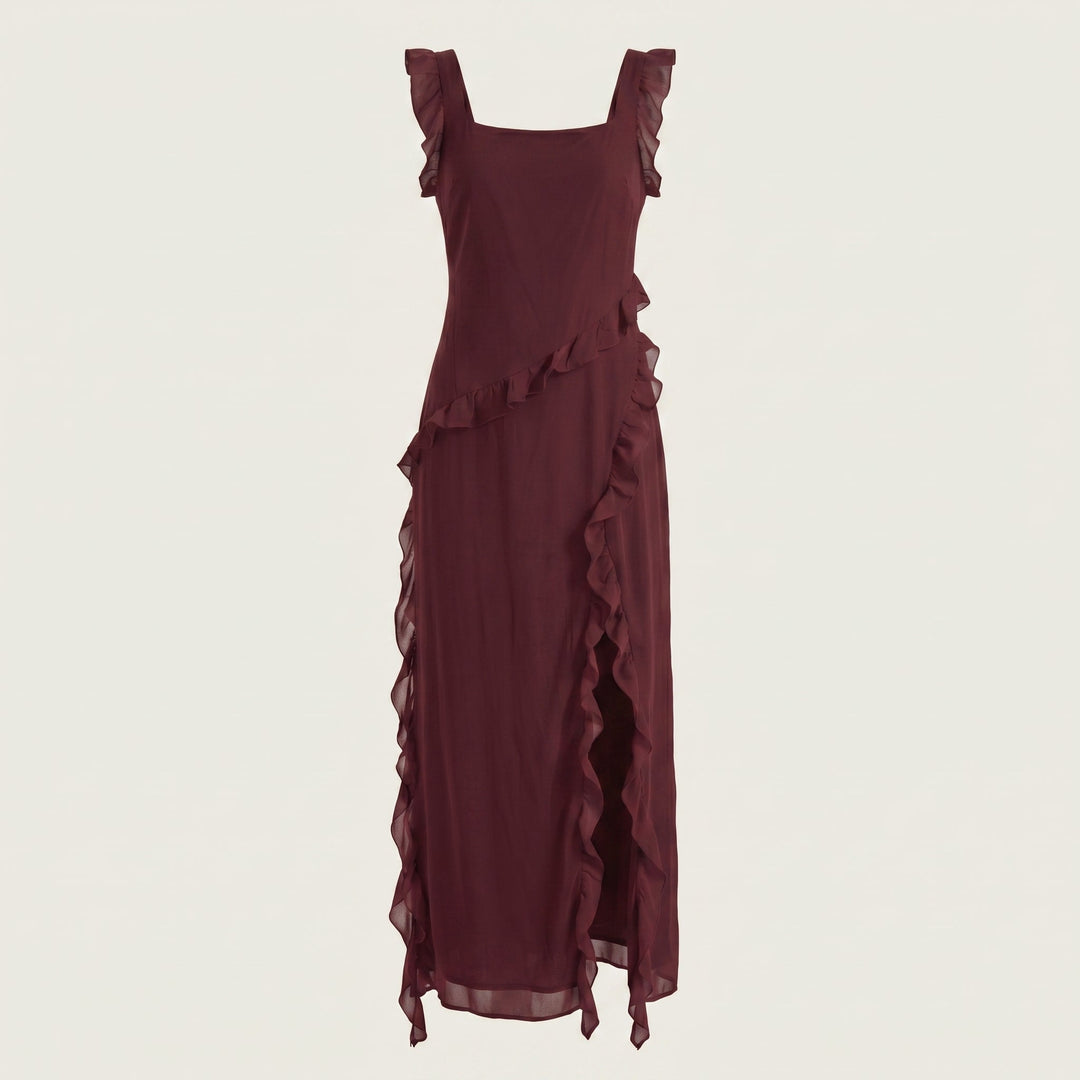 Clara - Women's Evening Ruffle Split Maxi Dress - Maxi Dresses - Burgundy - Davies & Cooper