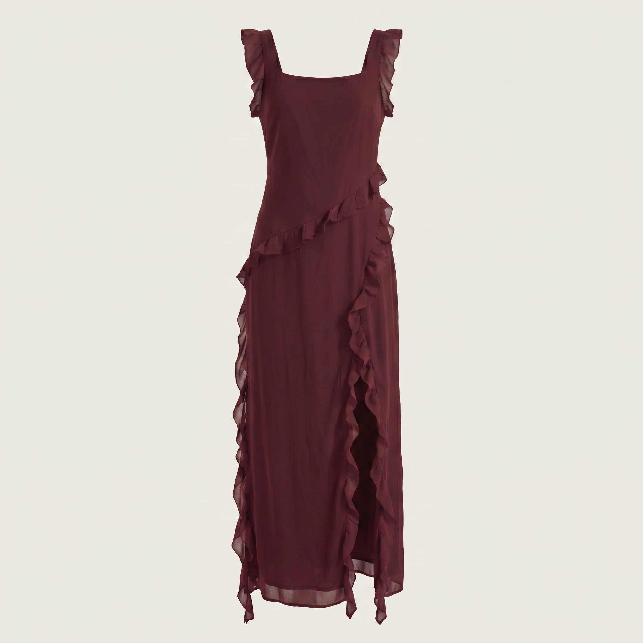 Clara - Women's Evening Ruffle Split Maxi Dress - Maxi Dresses - Burgundy - Davies & Cooper