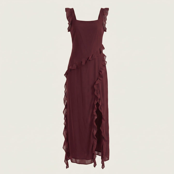 Clara - Women's Evening Ruffle Split Maxi Dress - Maxi Dresses - Burgundy - Davies & Cooper