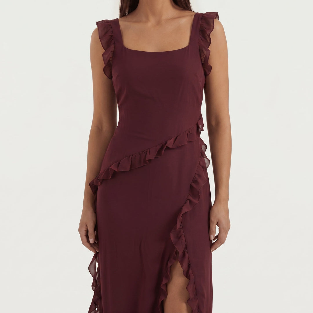 Clara - Women's Evening Ruffle Split Maxi Dress - Maxi Dresses - Burgundy - Davies & Cooper
