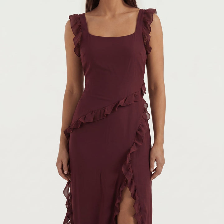 Clara - Women's Evening Ruffle Split Maxi Dress - Maxi Dresses - Burgundy - Davies & Cooper