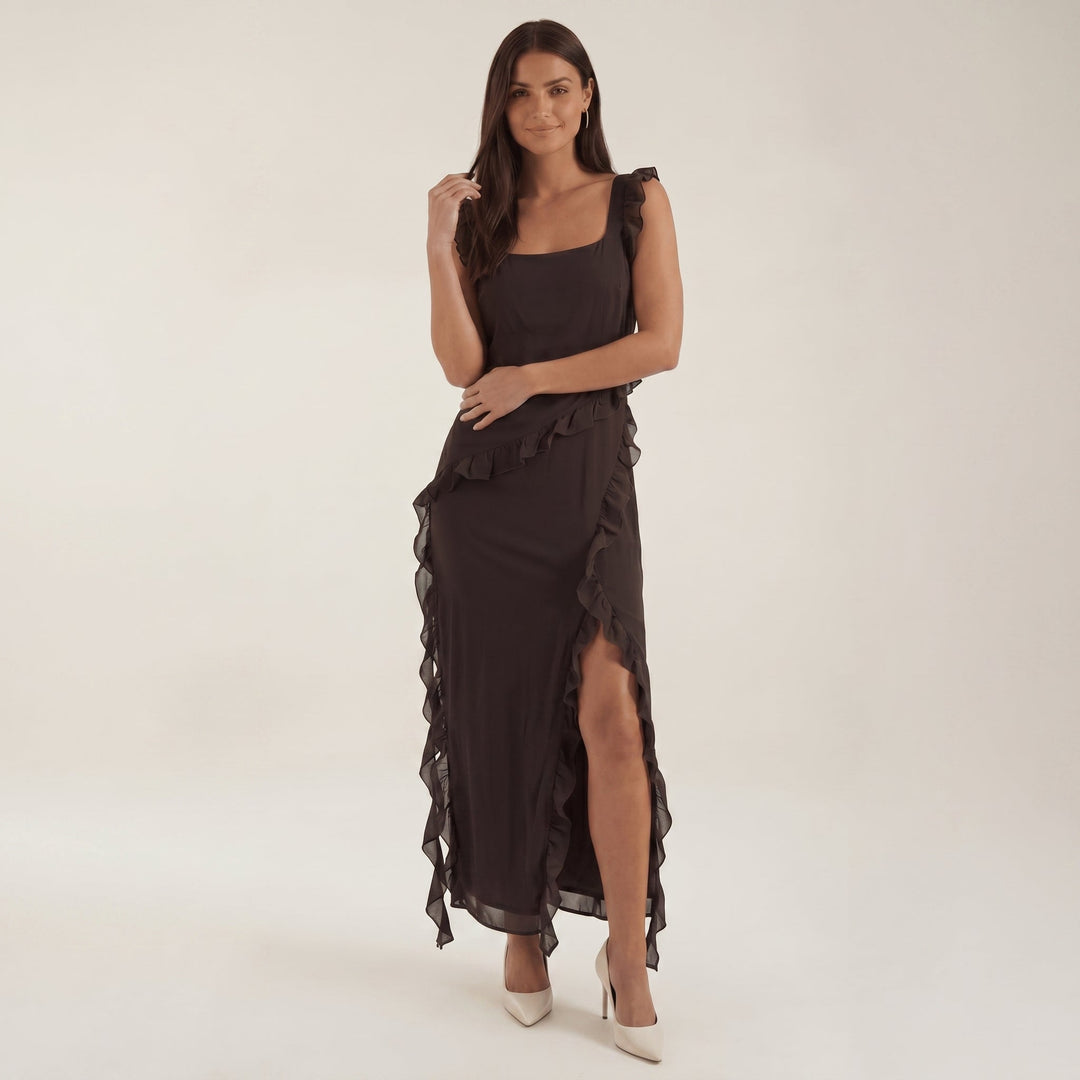 Clara - Women's Evening Ruffle Split Maxi Dress - Maxi Dresses - Brown - Davies & Cooper