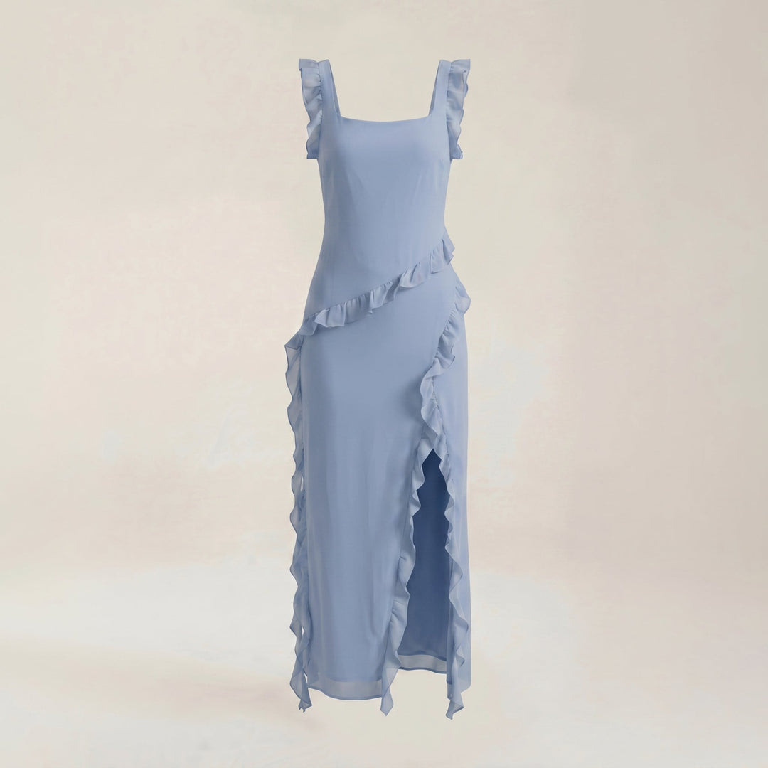 Clara - Women's Evening Ruffle Split Maxi Dress - Maxi Dresses - Light Blue - Davies & Cooper