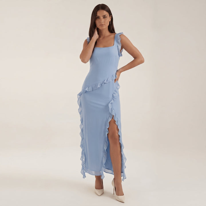 Clara - Women's Evening Ruffle Split Maxi Dress - Maxi Dresses - Light Blue - Davies & Cooper