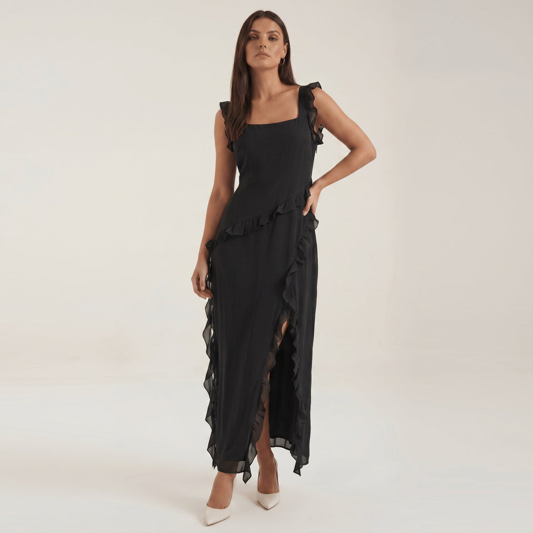 Clara - Women's Evening Ruffle Split Maxi Dress - Maxi Dresses - Black - Davies & Cooper