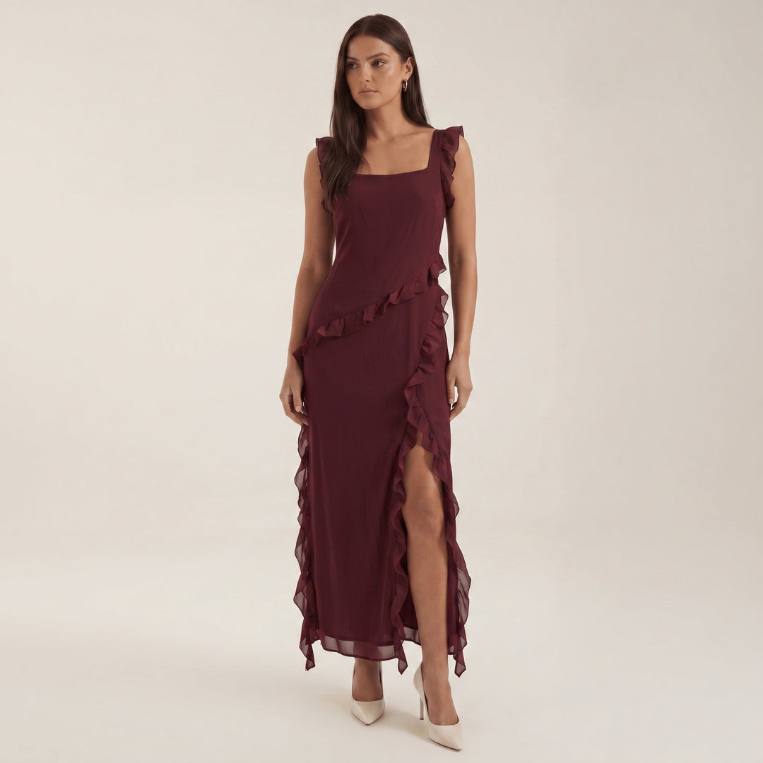 Clara - Women's Evening Ruffle Split Maxi Dress - Maxi Dresses - Burgundy - Davies & Cooper