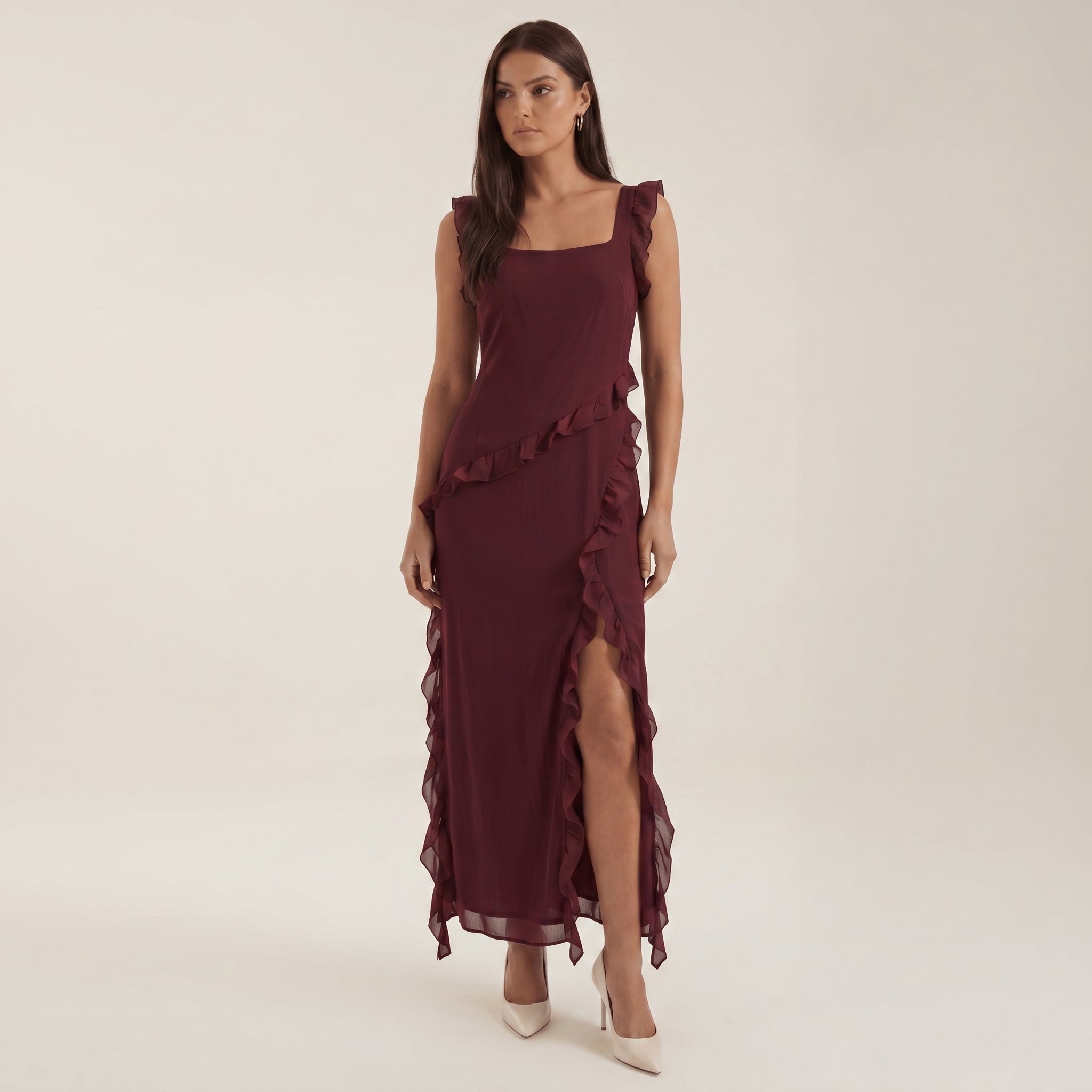 Clara - Women's Evening Ruffle Split Maxi Dress - Maxi Dresses - Burgundy - Davies & Cooper
